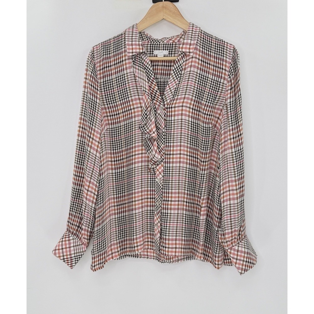 J.Jill Tea Rose Plaid Ruffled Front Long Sleeve Soft Rayon Blouse Size M, Preppy